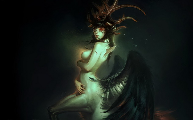 девушка-мутант в виде рогатого кентавра с крыльями, фэнтези картинка