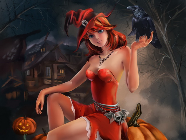 красная ведьма на хэллоуин со своим вороном, фэнтези девушка воин