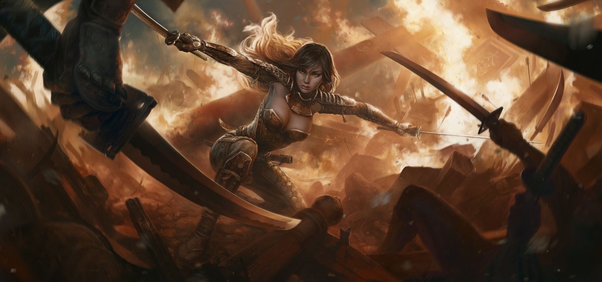 грудастая девушка воин владеющая техникой с двумя мечами, магия фэнтези картинка