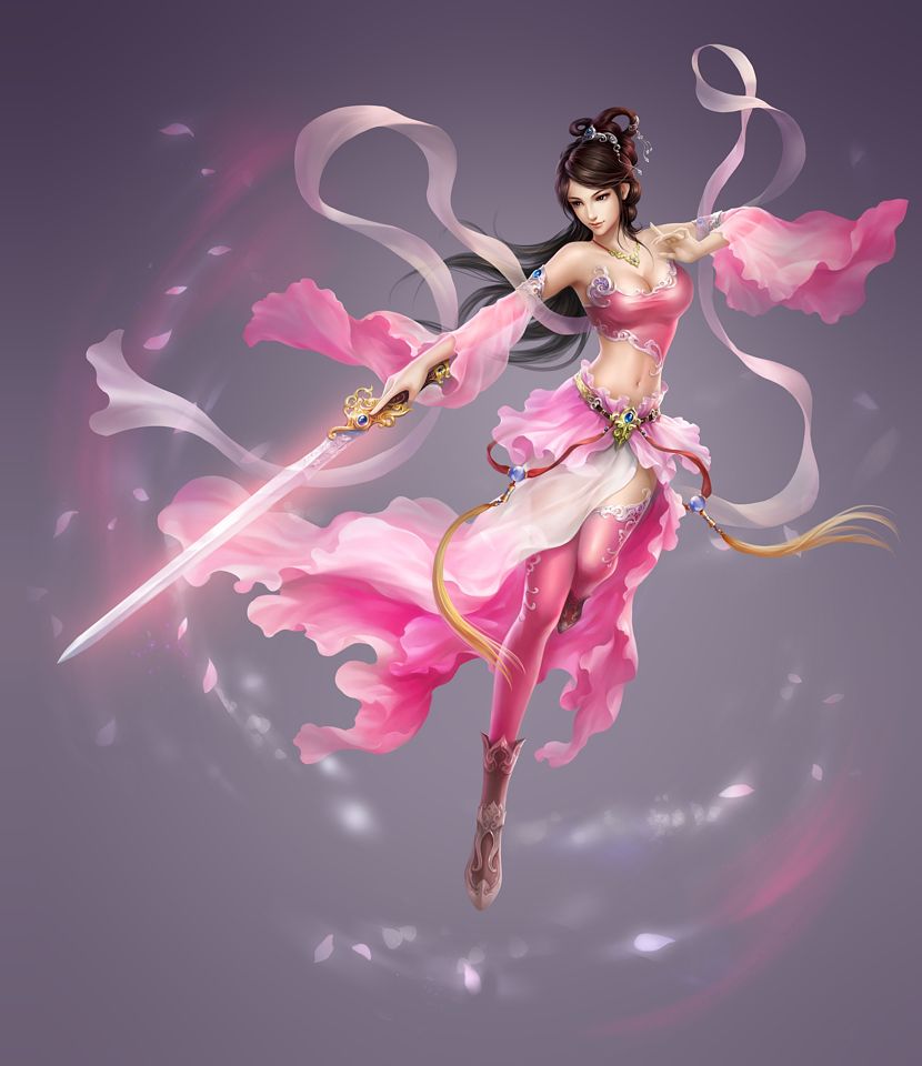 розовая чародейка с золотым мечом, магия фэнтези картинка
