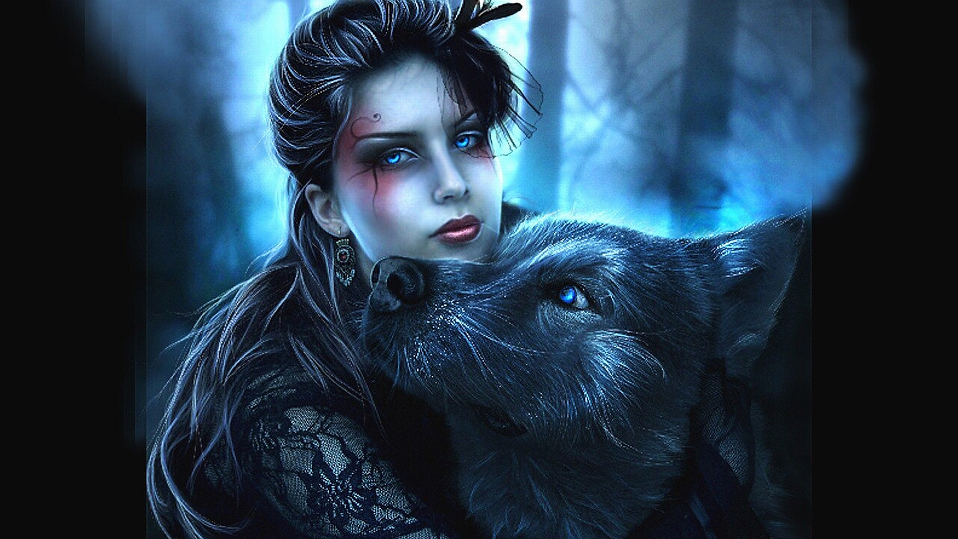 женщина-волчица со своим любимым, магия фэнтези картинка