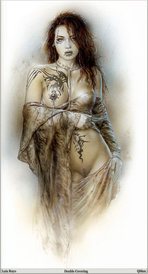 портрет этой ведьмы с магическими рисунками на теле, работа Луиса Ройо, мистическая картинка, фэнтези