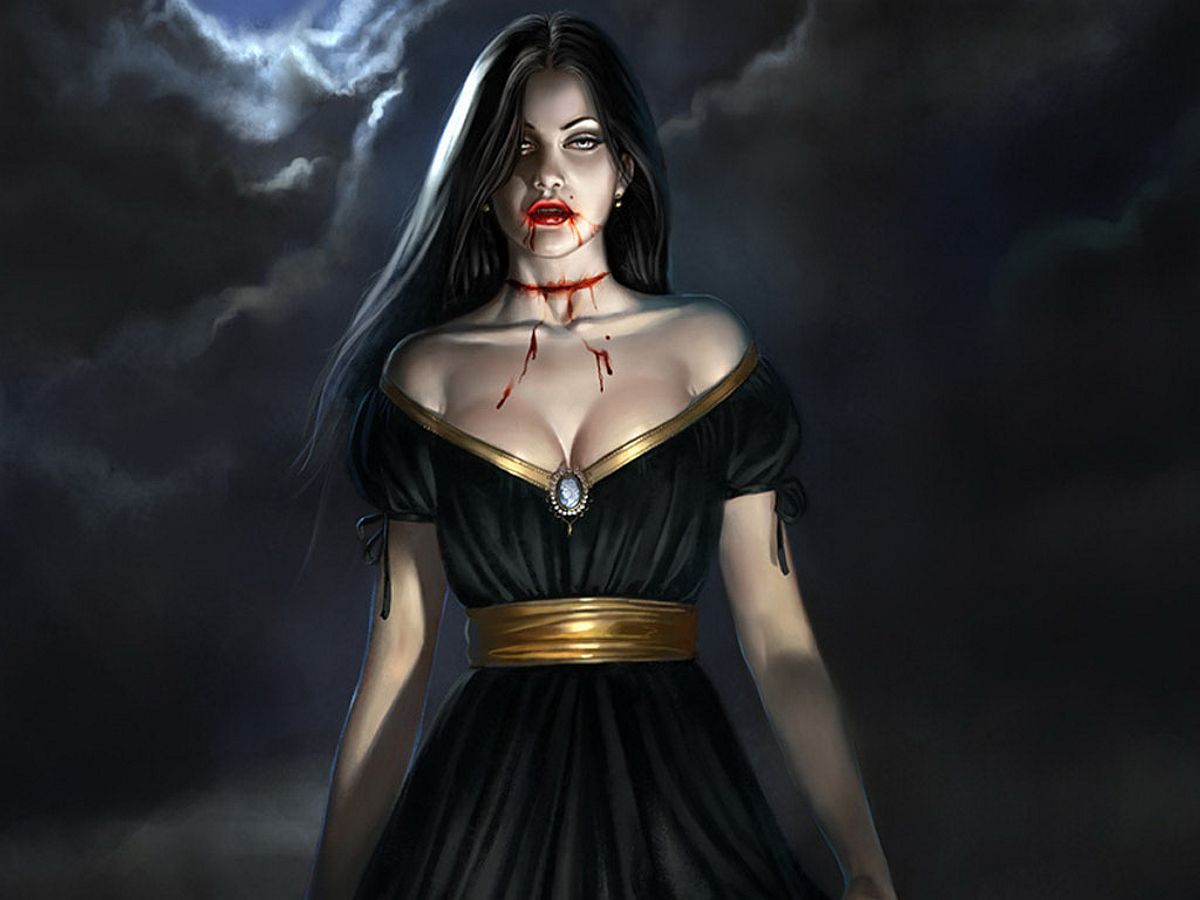 вампирша с глубоким декольте и порезом на шее