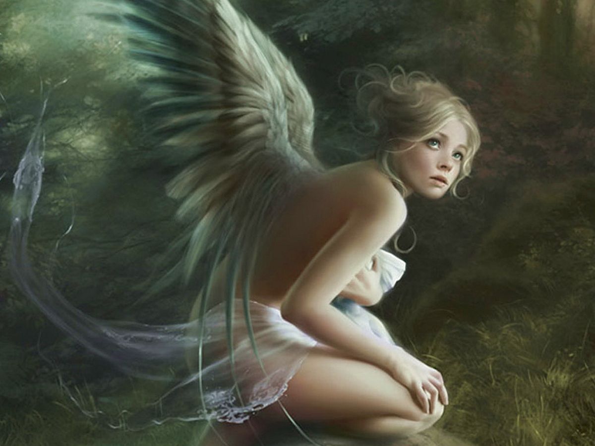 голая испуганная девушка с крыльями сидит на коленях в лесу