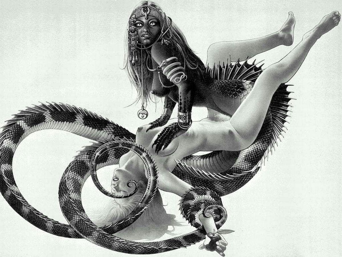 молодая голая блондинка насажена на член футанари-дракона, мистическая картинка, фэнтези, секс с монстром