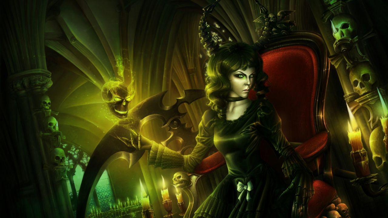зеленая колдунья на своем троне с черепами, мистическая картинка