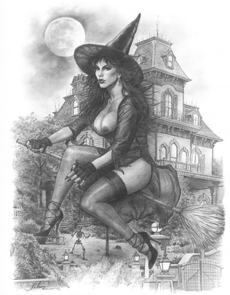 ведьма в остроконечной шляпе пролетает на метле возле дома с дурной репутацией, рисунок карандашом, мистическая картинка