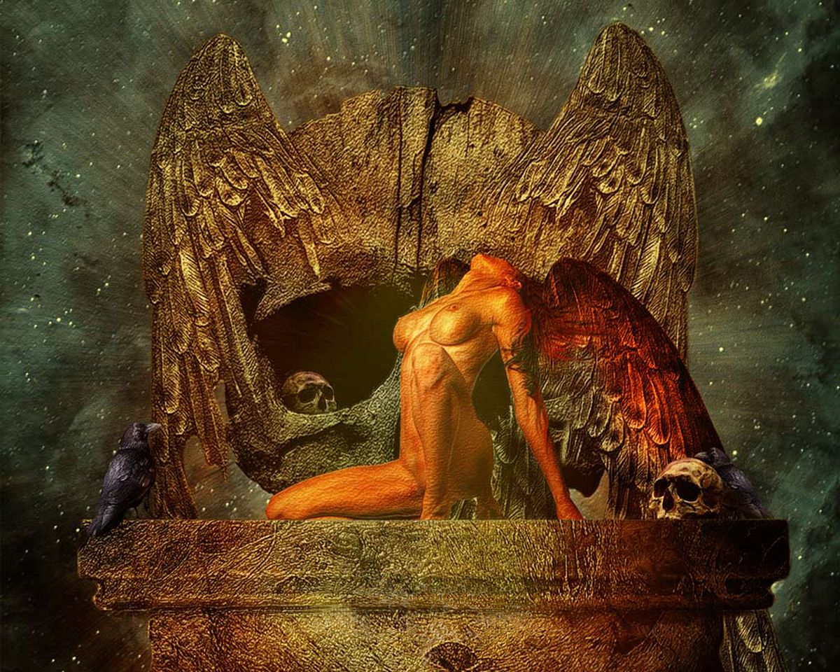 крылатая девушка сидит на гробнице великого воина