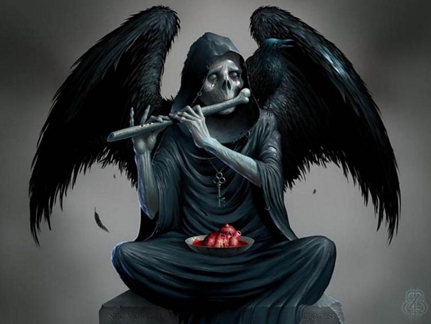 черный ангел играет на флейте над вырванным сердцем человека