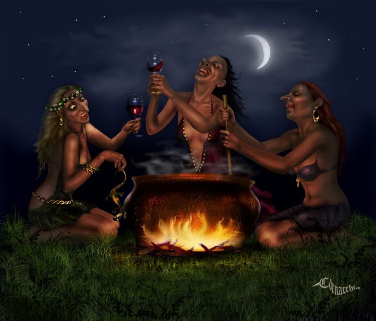 три крючконосых ведьмы варят суп распивая вино на пикнике