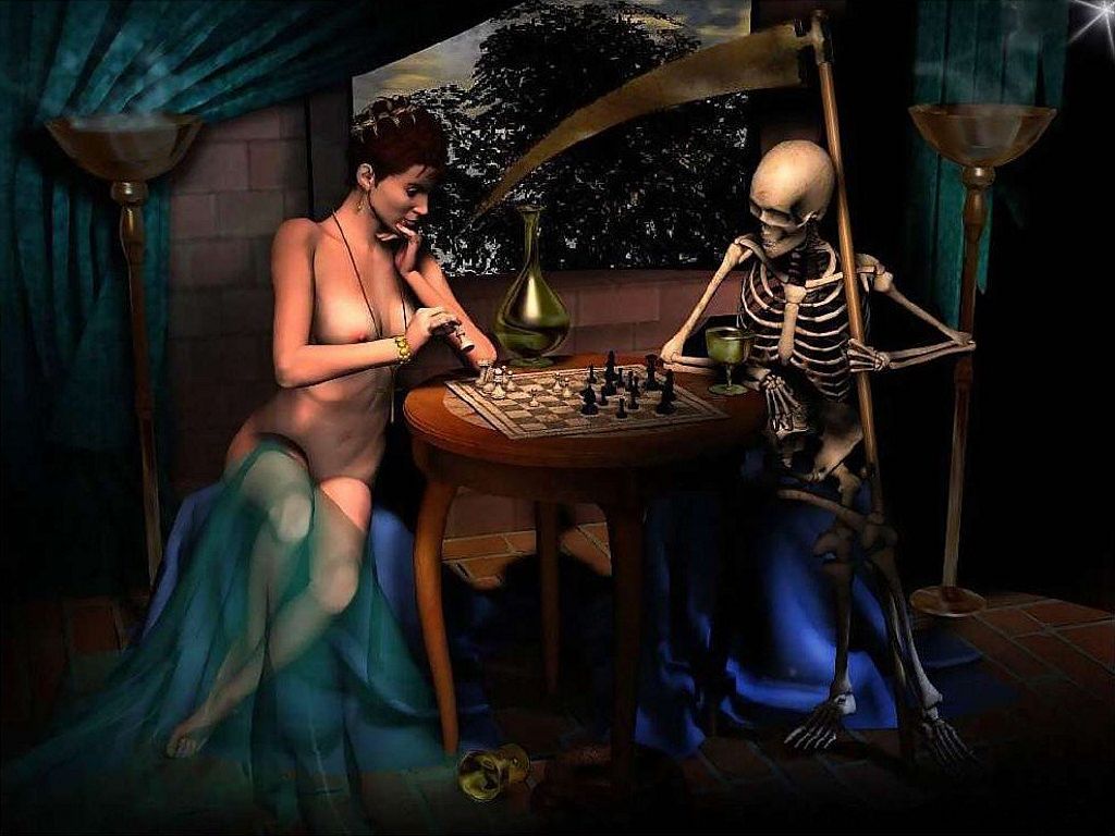 голая ведьма играет в шахматы со Смертью картинка фэнтези