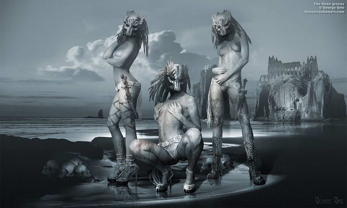 три грации, обнаженные ведьмы в масках устраивают стриптиз на берегу колдовского озера, картинка фэнтези