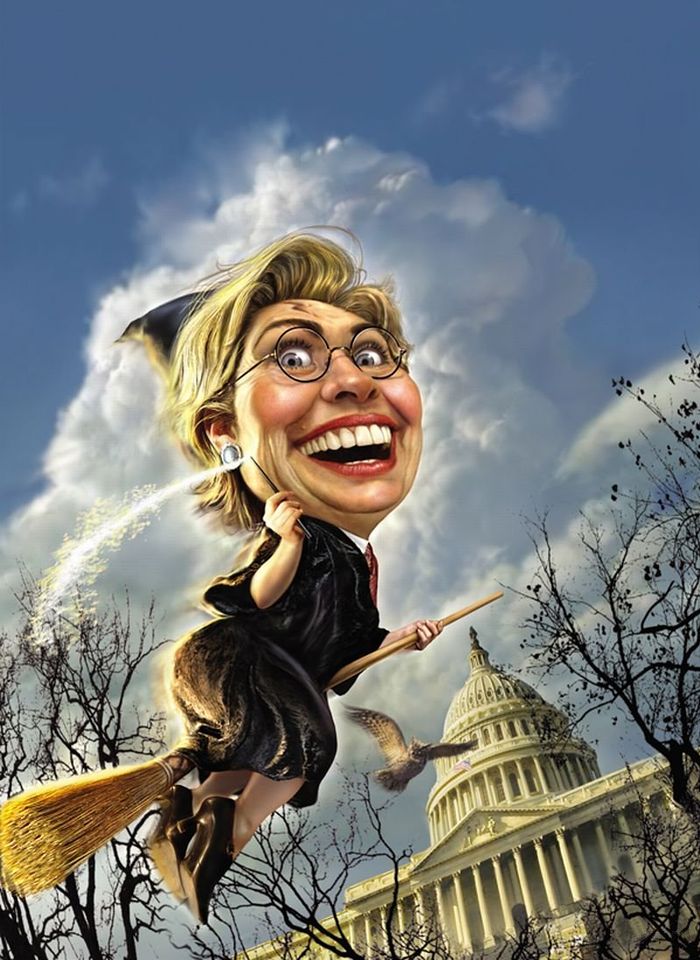 ведьма Хилари Клинтон пролетает на своей метле мимо Белого Дома