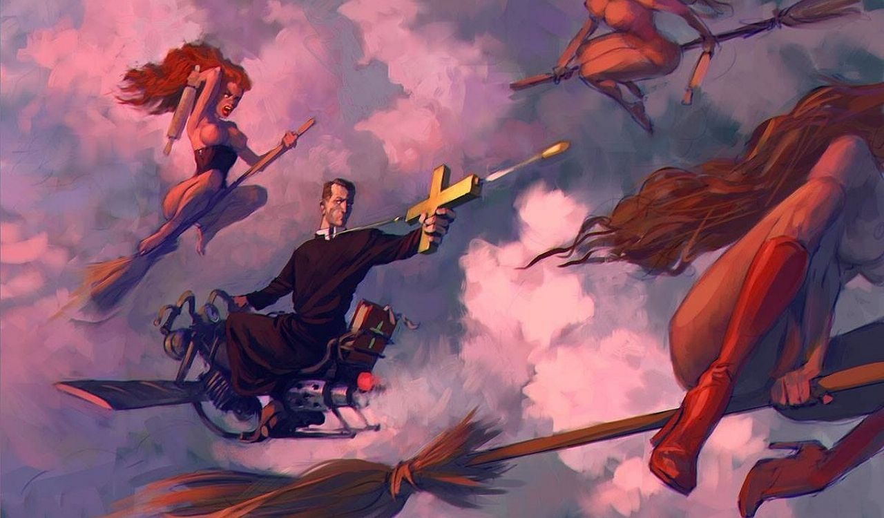 воздушный бой охотника на ведьм с тремя голыми красотками на метлах, прикольная картинка
