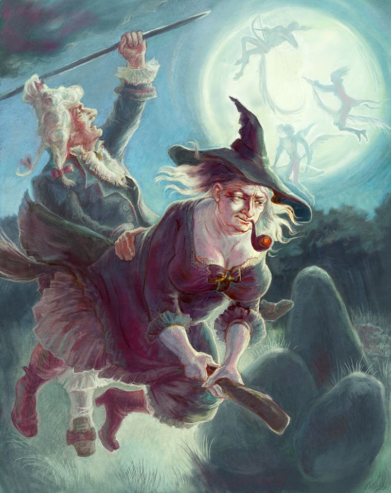 две старые ведьмы на метле пролетают мимо развлекающейся молодежи, прикольная картинка