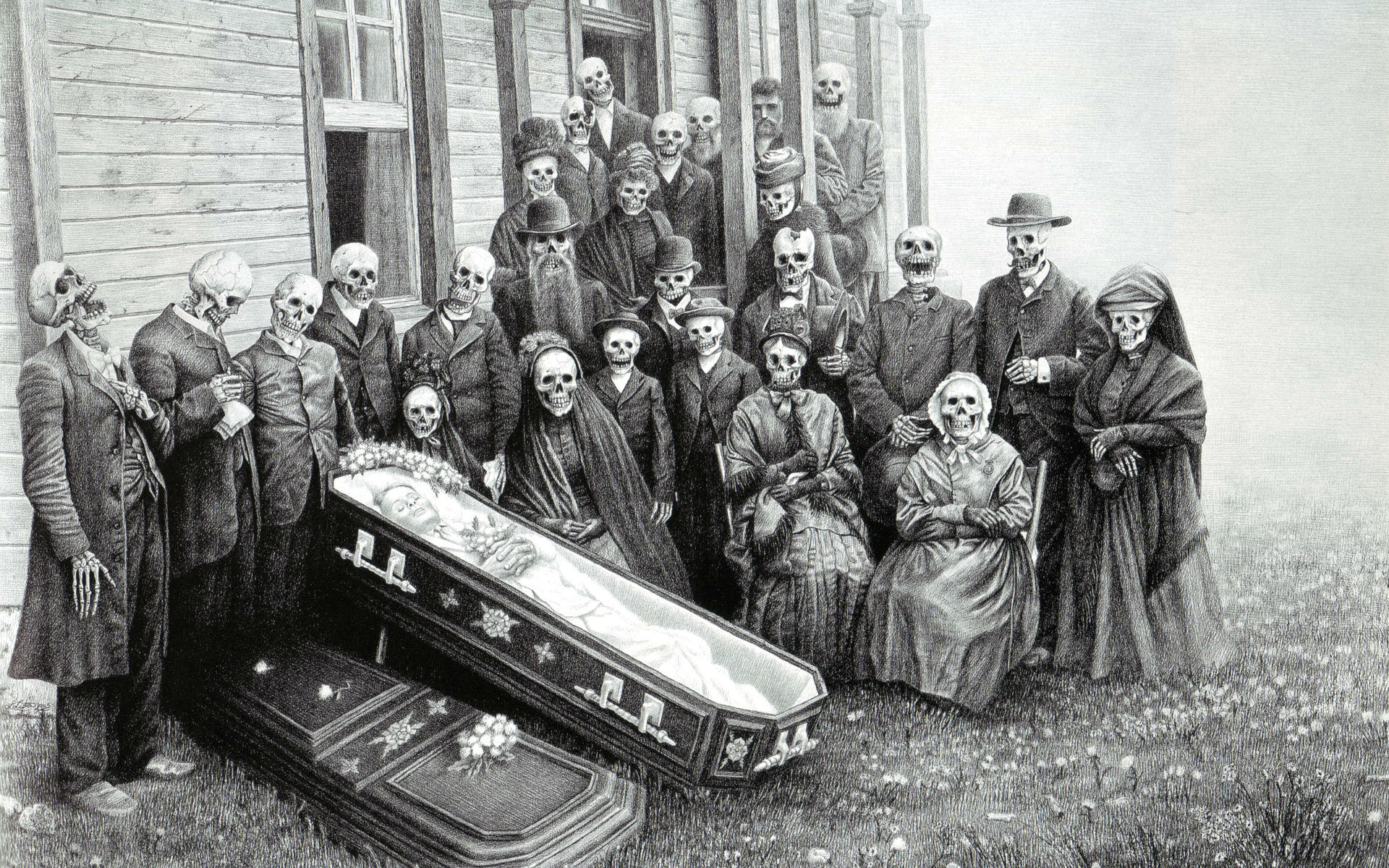ретро фото семейства скелетов провожающих в последний путь своего плотского родственника. рисунок скелетов