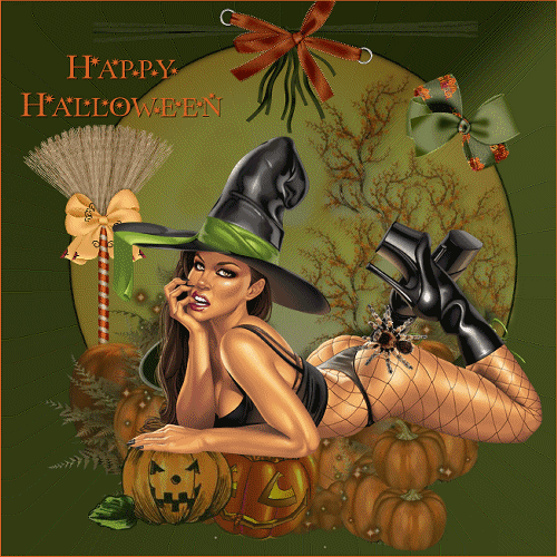 Happy Halloween! Гифка с лежащей на животе полуголой ведьмой и бегающим по ней пауком