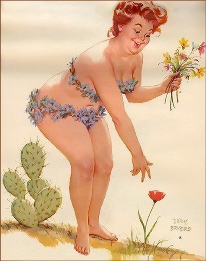 Толстушка Хильда в одних цветочках нагибается за тюльпаном
