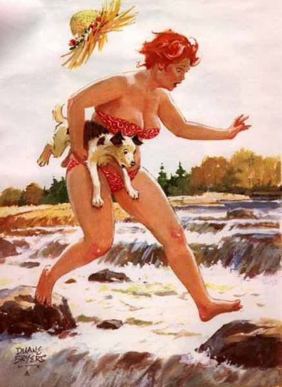 Хильда с собачкой переберается через реку по камням