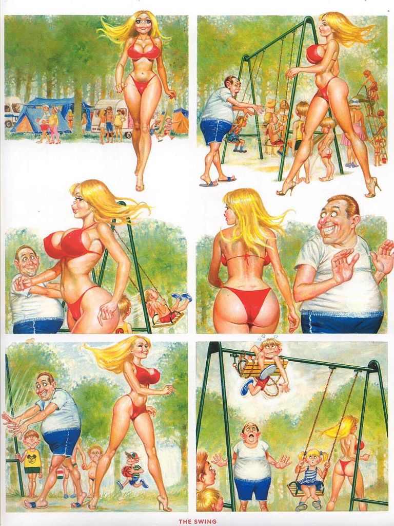 папаша перестарался раскачивая ребенка на качелях, заглядевшись на проходящую в бикини Долли 18+, рисунок комикс  Dolly 18+
