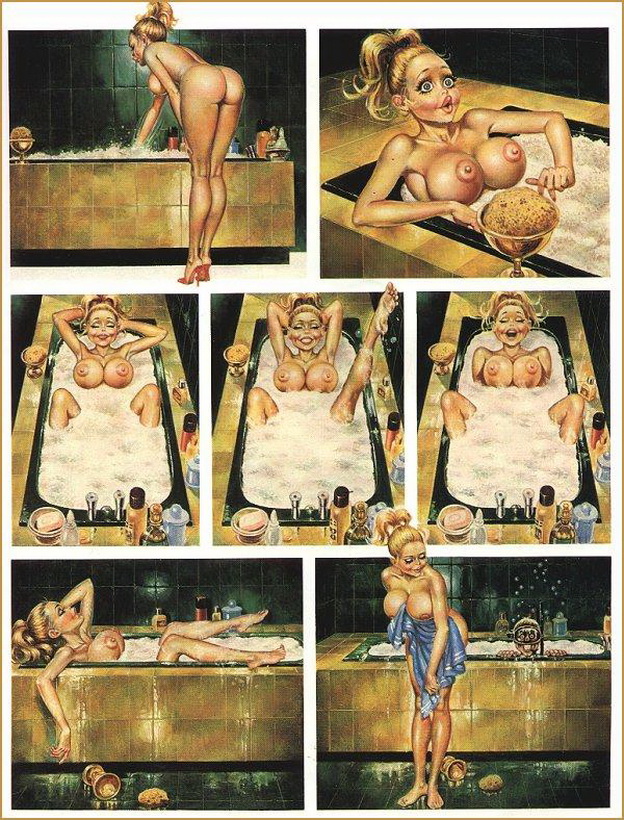 голая блондинка Долли купается в ванне, не подозревая о подглядывающем аквалангисте, рисунок комикс  Dolly 18+