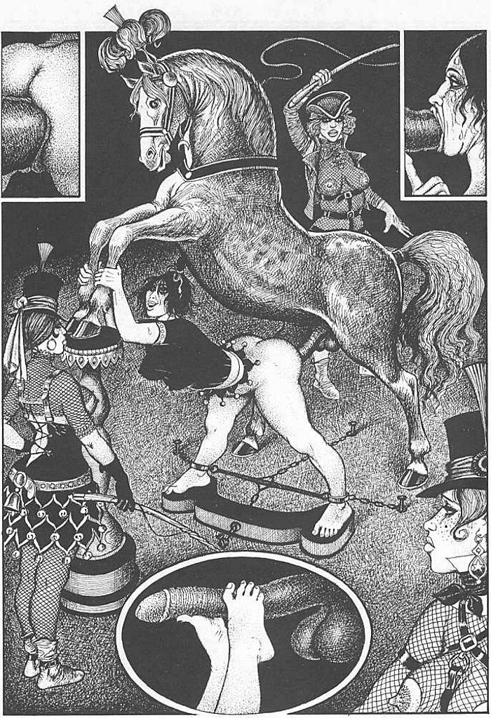 цирковое представление «лошадиная любовь». гравюра комикс, рисованная эротика