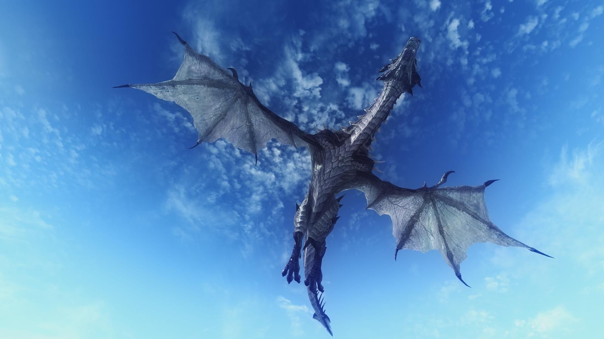 летящий дракон, синее небо, дракон в вышине, 3D обои для рабочего стола, 3D-графика
