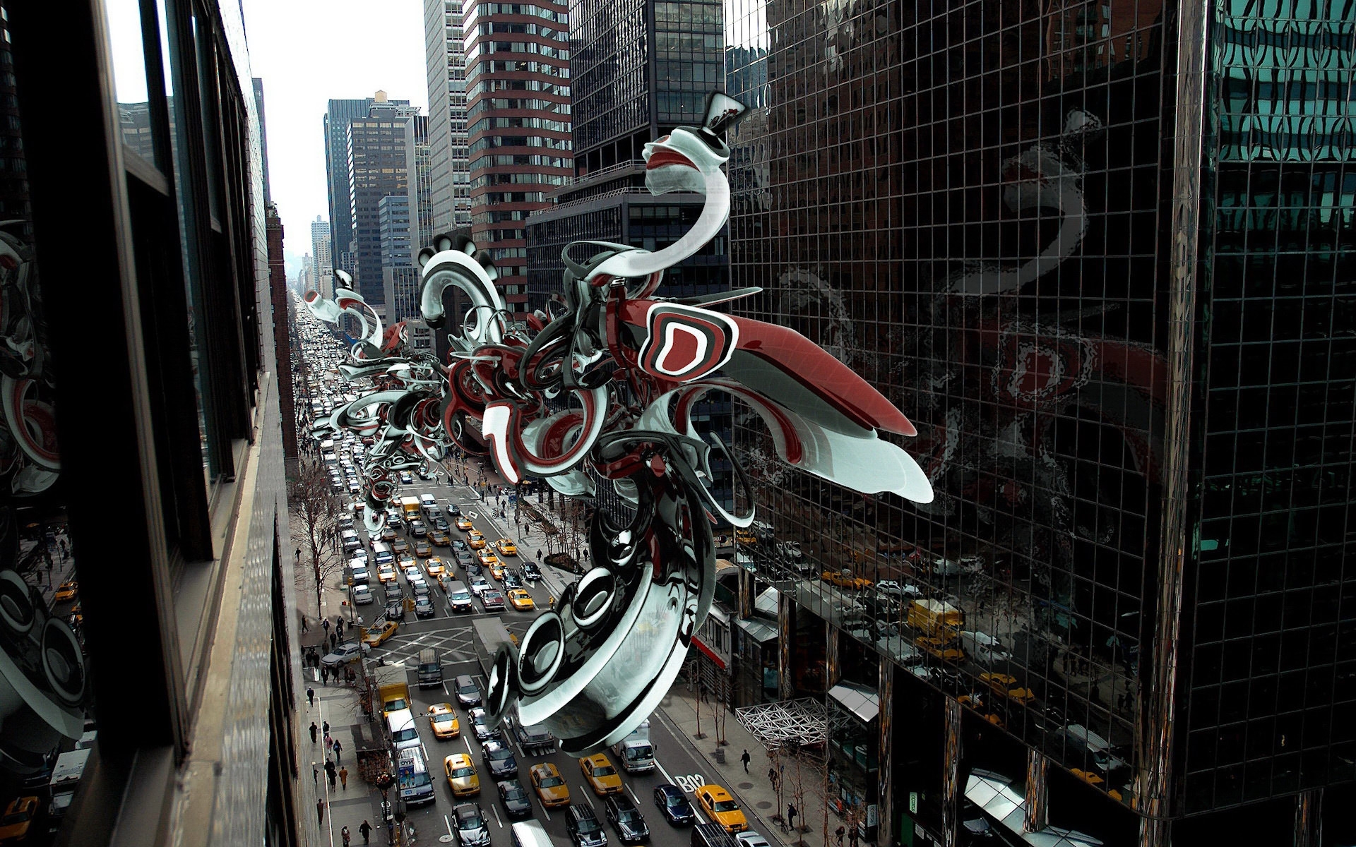 техно-дракон над городом, городская улица, переплетение пластика и металла, 3D обои для рабочего стола, 3D-графика