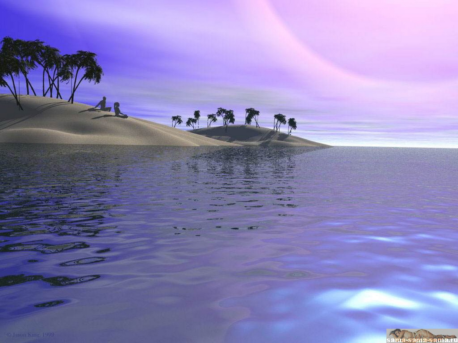 оазис, фиолетовое небо, песок, пальмы, поверхность воды, 3D обои для рабочего стола