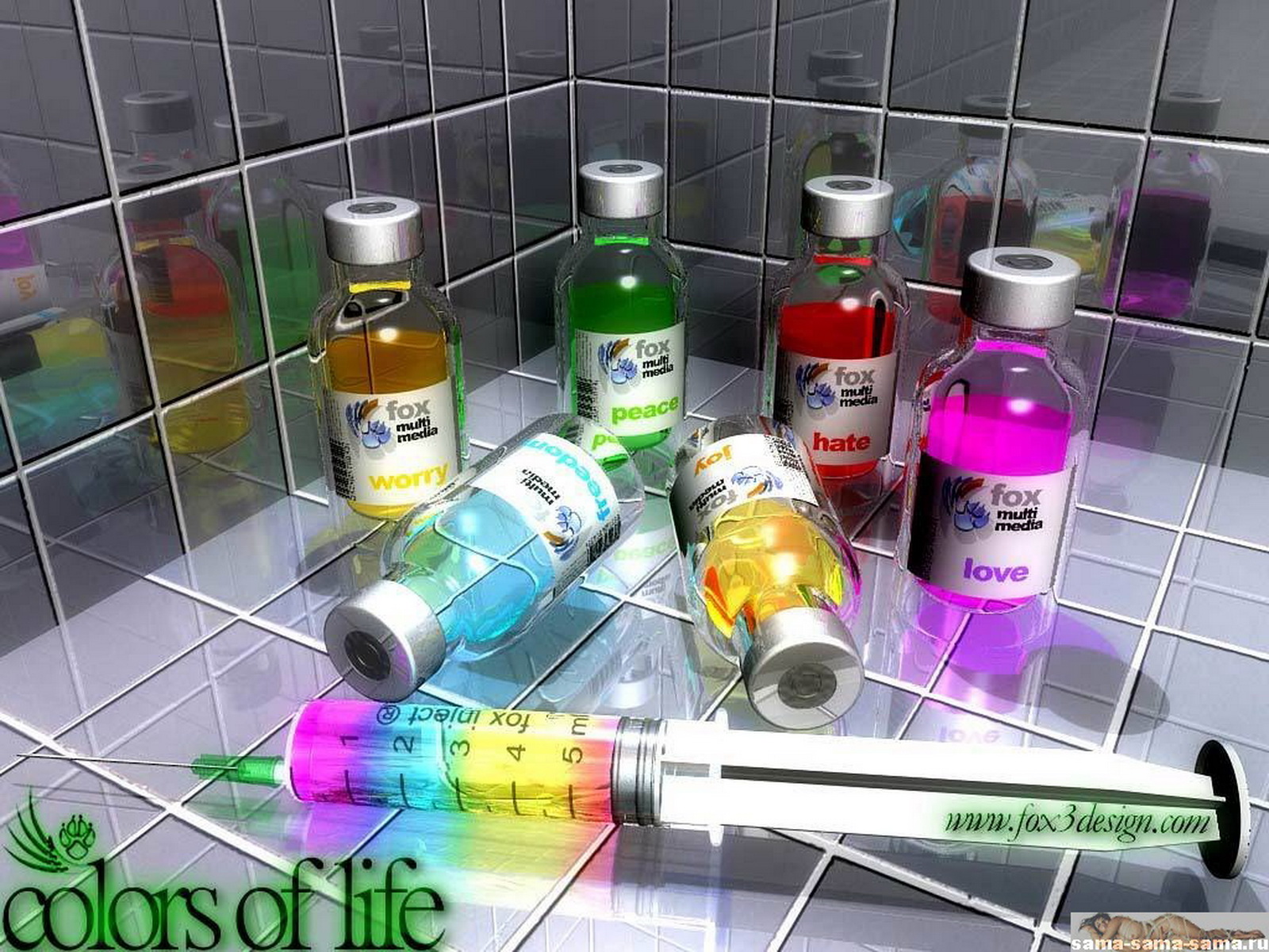 цвета жизни, пузырьки с радугой, шприц, 3D обои для рабочего стола