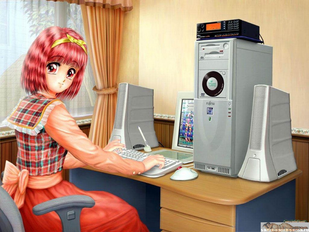 девушка аниме за компьютером, аниме фон для рабочего стола 09