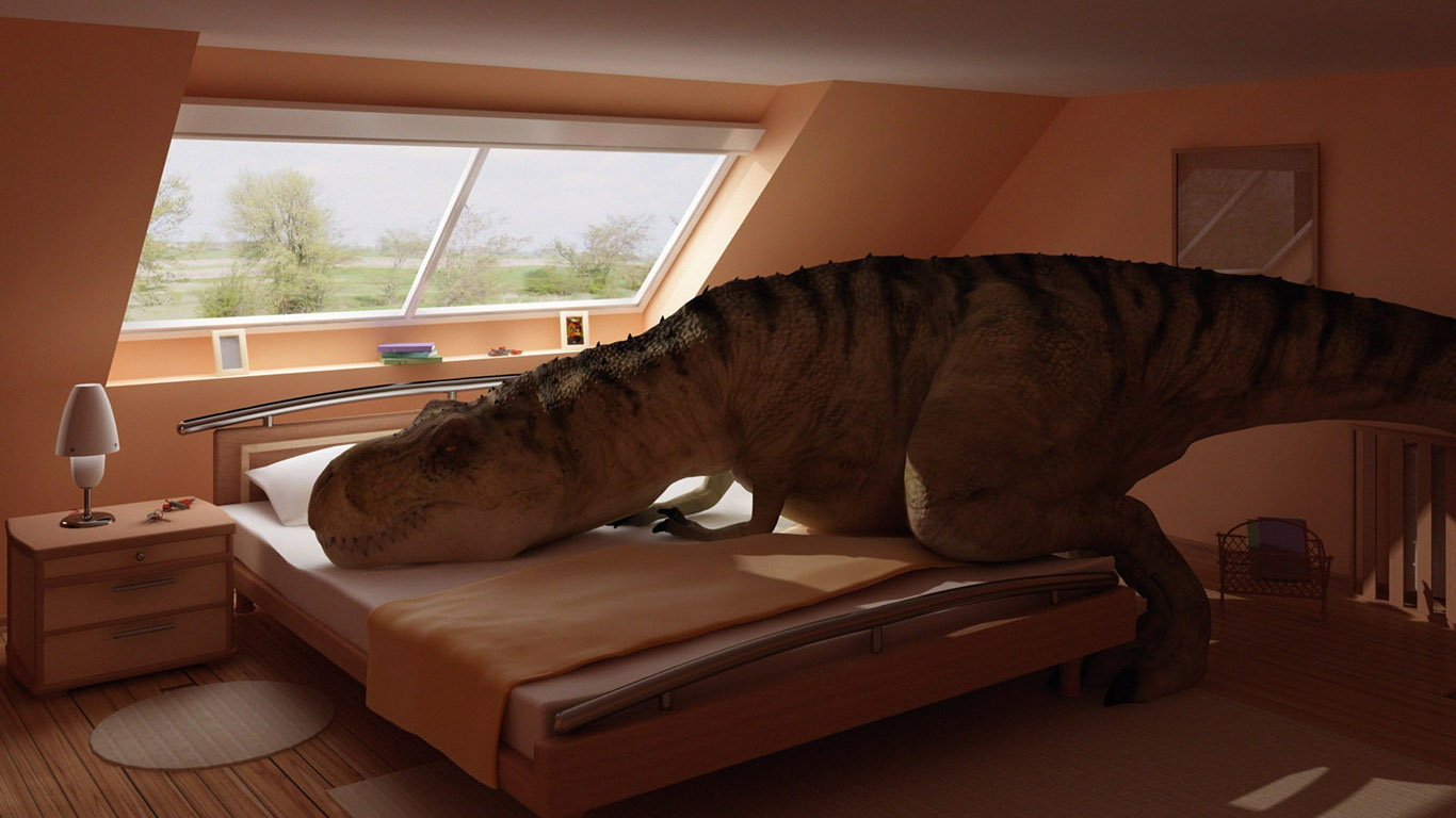 динозавр пристраивается на постели  , обои разные девушки