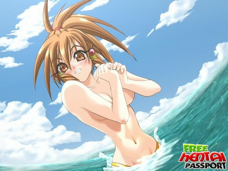девушка топлесс придерживает большие сиськи стоя в море, картинка секс аниме
