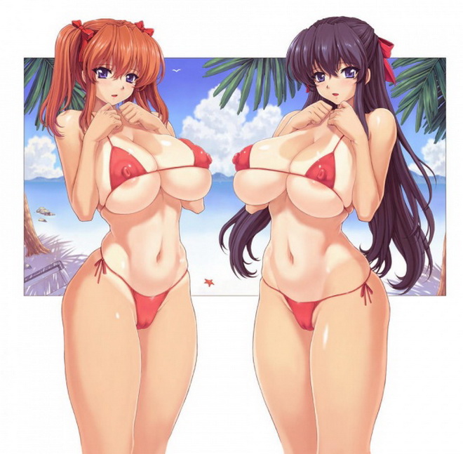 две аниме девушки с огромными сиськами вываливающимися из тоненьких купальников, картинка аниме сиськи