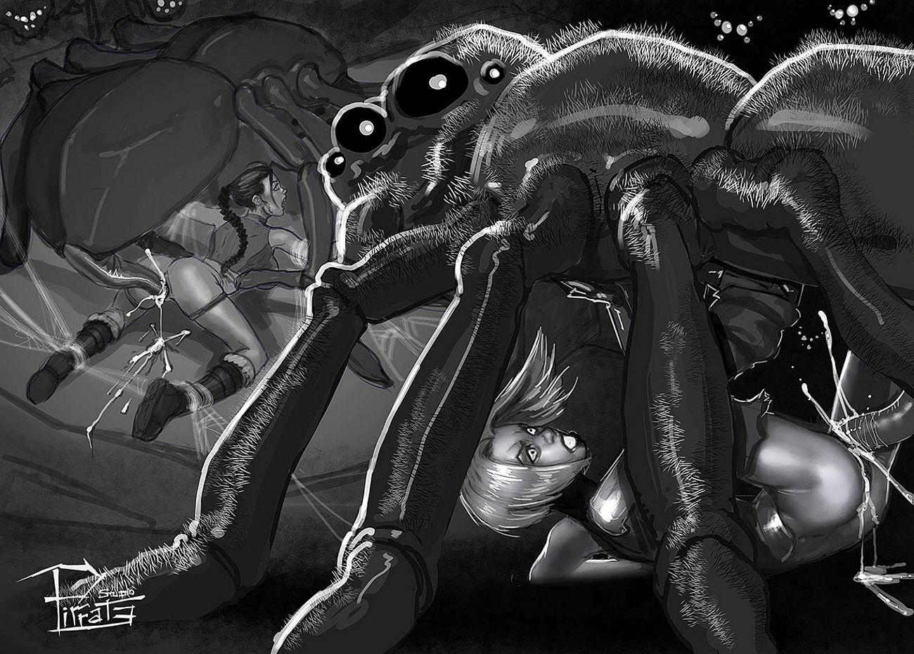 два паука чудовищного размера откладывают яйца в животы голых девушек, засунув свои яйцеклады в их тесные анусы, аниме монстры, секс с монстрами