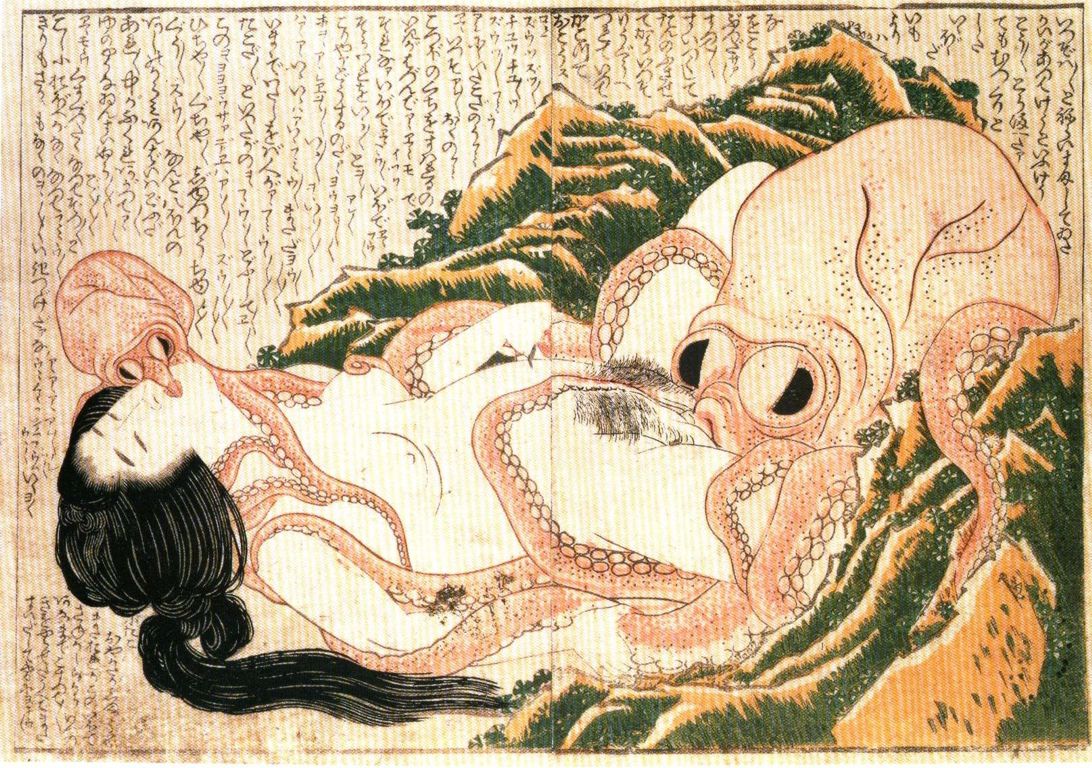 секс женщины с осьминогами на старинной японской гравюре