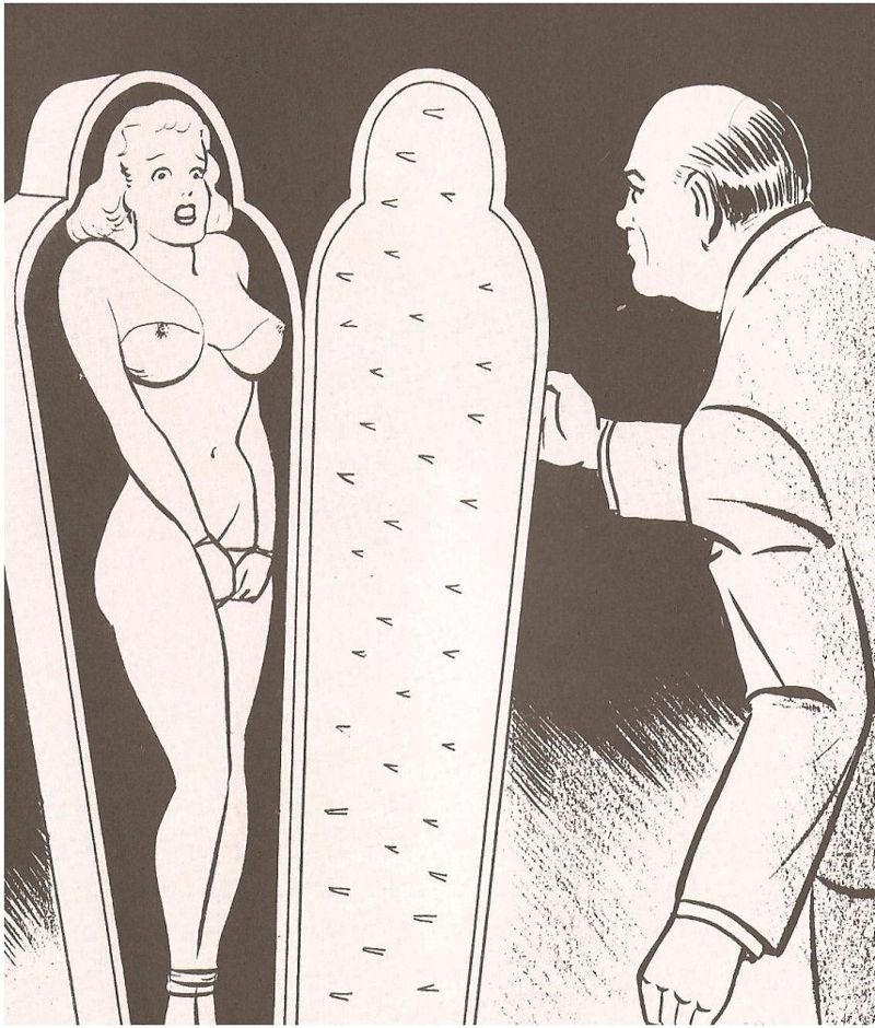 голую связанную девушку закрывают в гроб с шипами во время бдсм, порно арт, порно рисунок