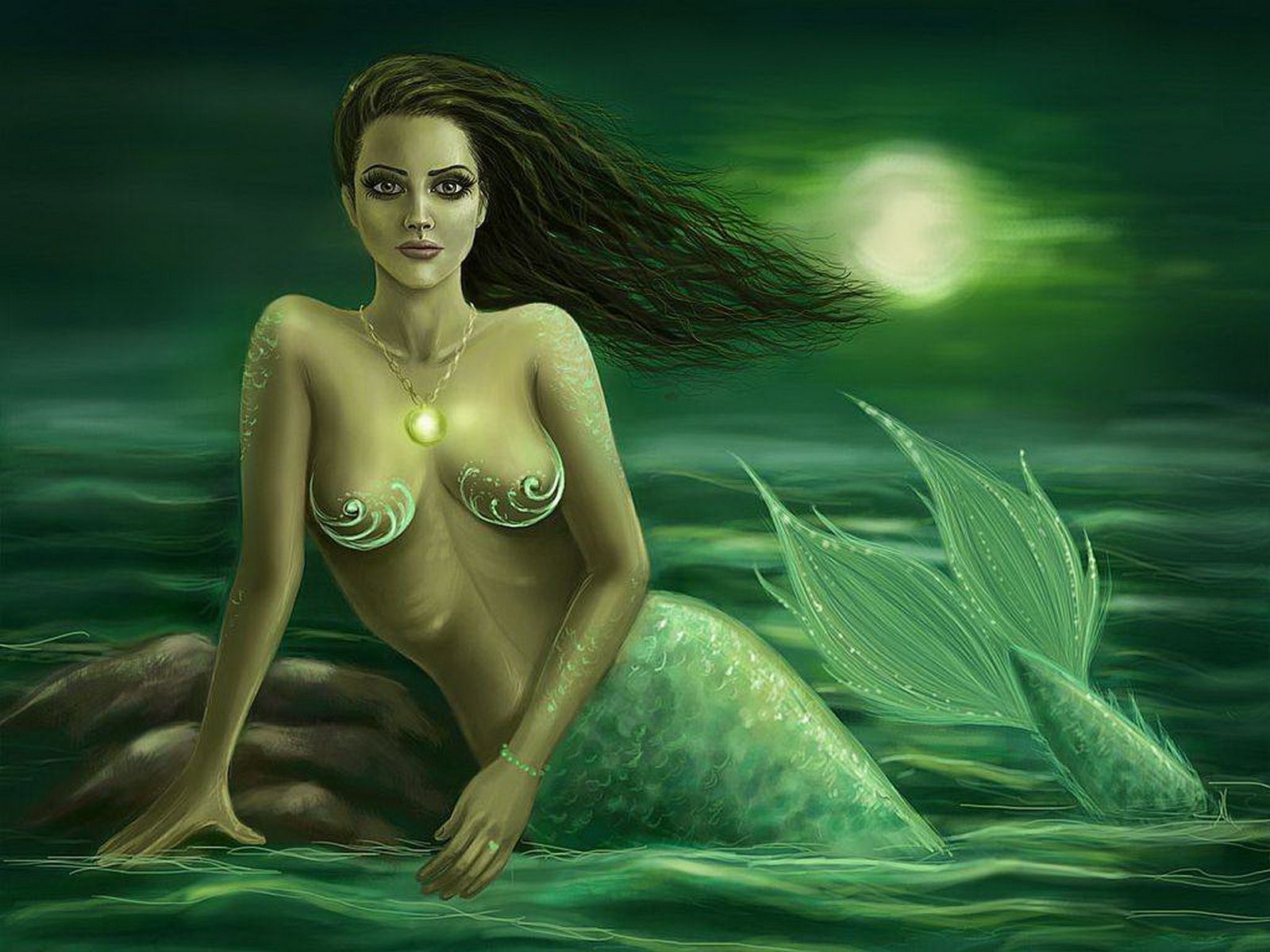 нарисованная девушка, зеленая русалка с расписными грудями. 3d заставка на рабочий стол