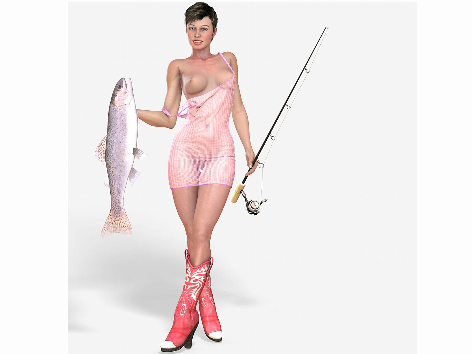 нарисованная девушка, рыбачка в прозрачной ночной рубашке.  крутые картинки для рабочего стола