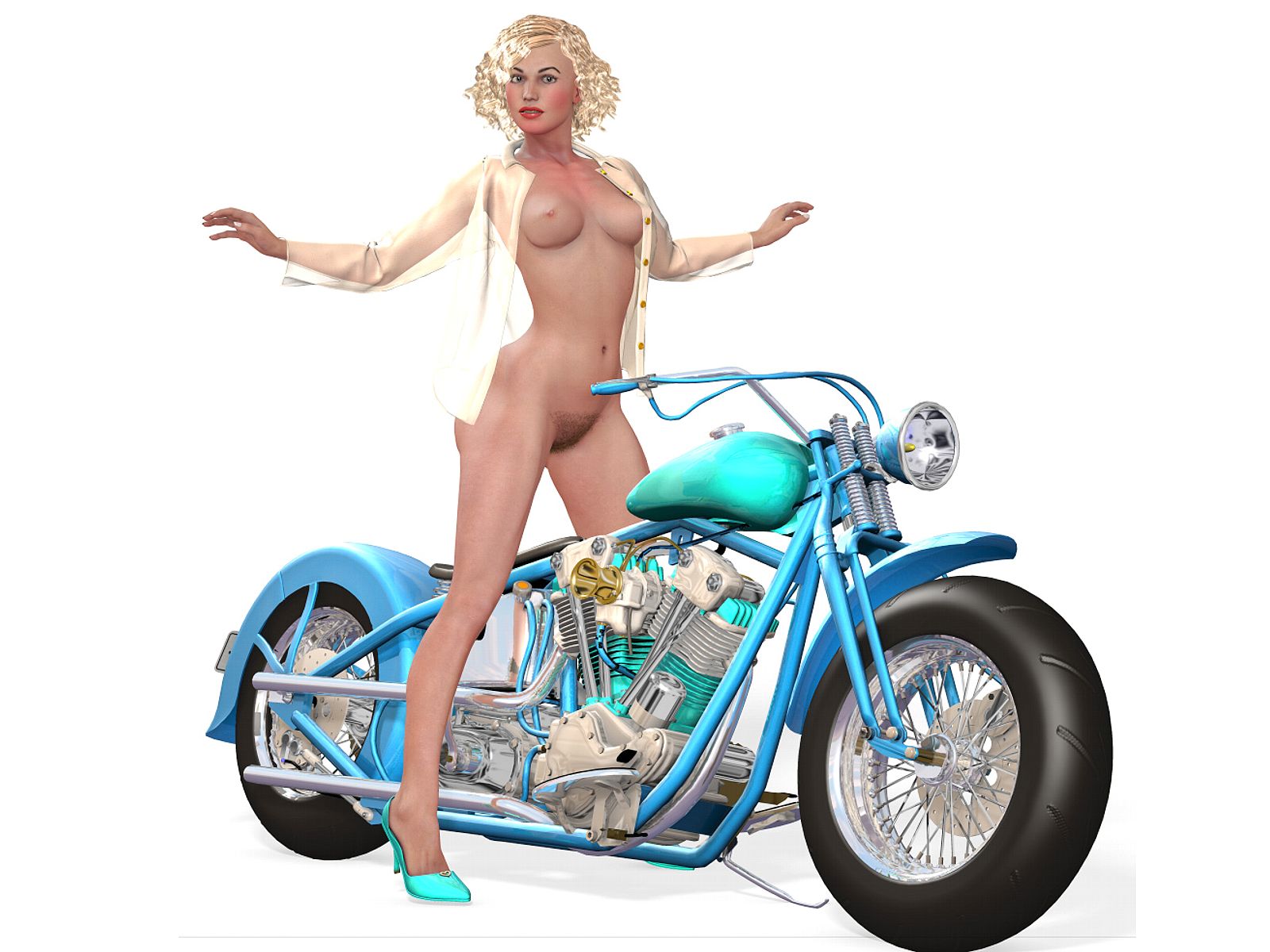 нарисованная девушка, Нарисованные девушки обои для рабочего стола. голая девушка с волосатым лобком на мотоцикле