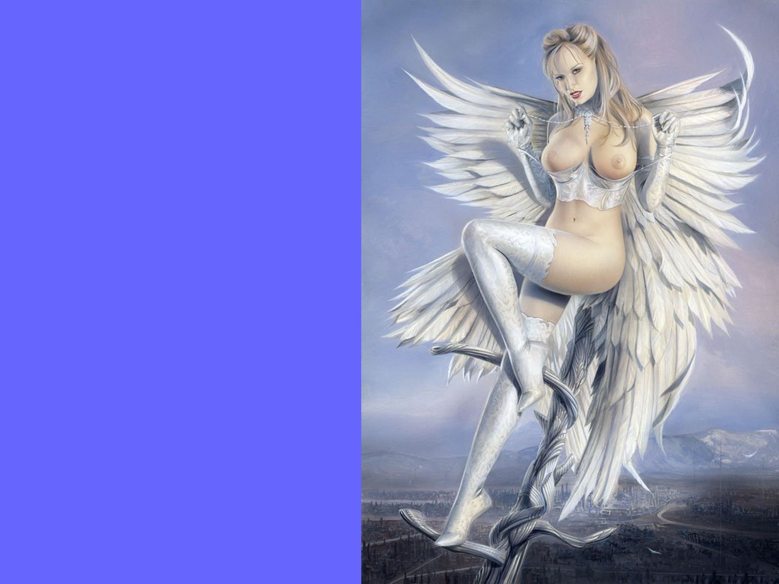нарисованная девушка, белый ангел с крупными сиськами. фоновый рисунок на рабочий стол