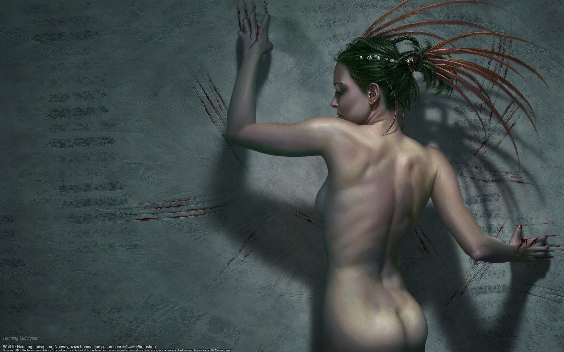 нарисованная девушка, голая вампирша царапает стену. классные картинки для рабочего стола