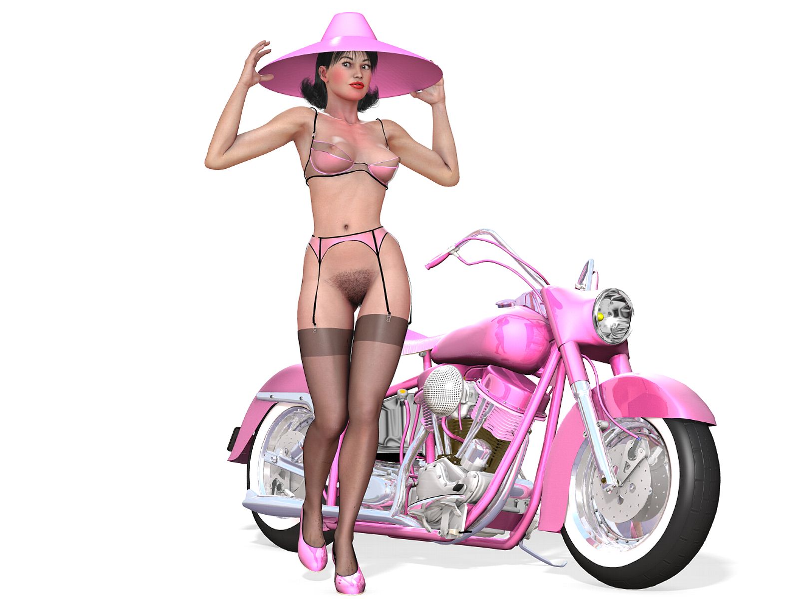 нарисованная девушка, розовый мотоцикл с девушкой без трусов