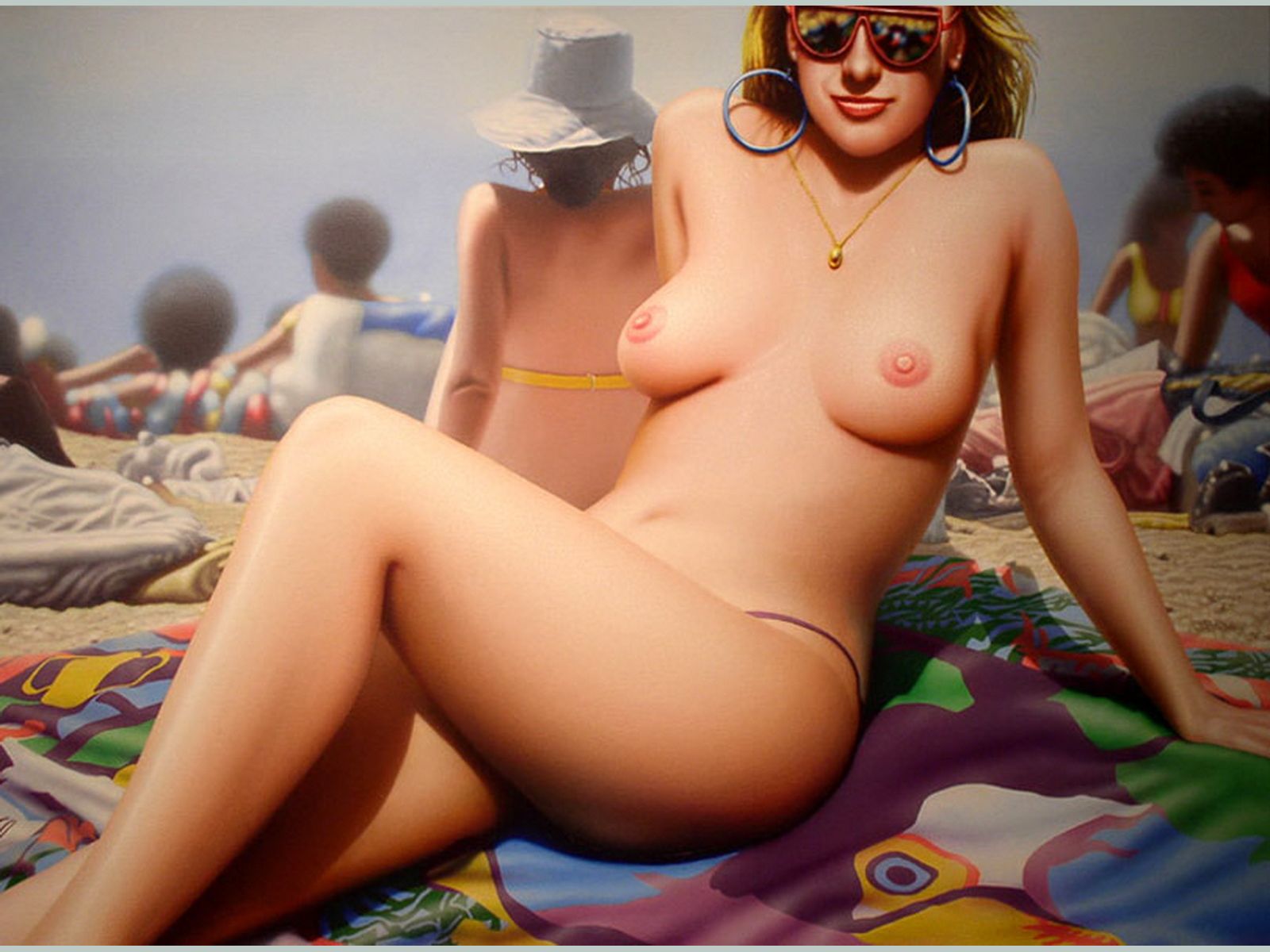 нарисованная девушка, девушка в солнечных очках топлесс на пляже.  картинки для рабочего стола торрент