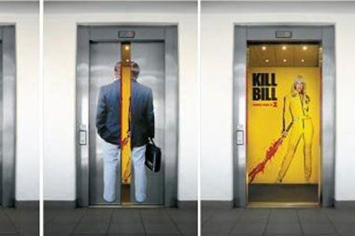 убить Била. забавное оформление дверей и кабин лифта, забавная реклама 5 фото