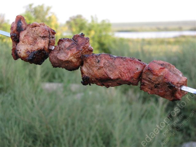 Шашлык из свинины с помидорами в томатном маринаде готов как только кусочки мяса зарумянятся