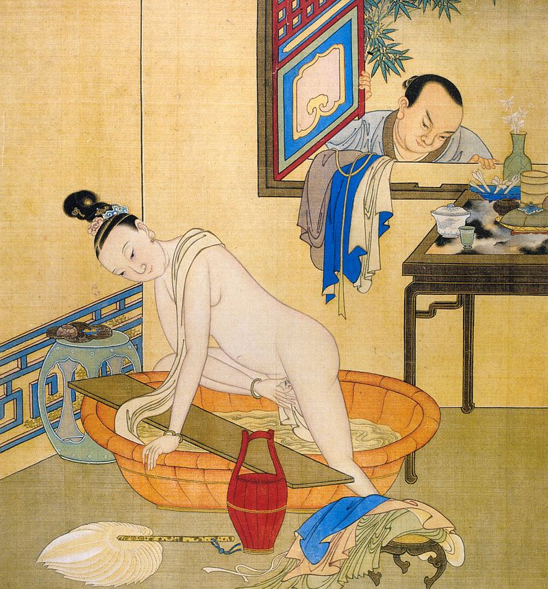 илююстрация к соннику по фен-шуй - китайская гравюра обнаженная девушка с полотенцем