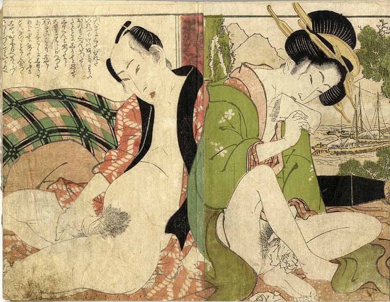 илююстрация к соннику по фен-шуй - китайская гравюра мужчина и женщина подтираются после совместного купания