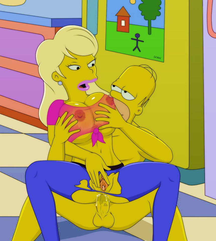 Симпсон насаживает фолк-певичку анусом на свой член в позе при сексе сидя, рисунок Гомер Симпсон порно