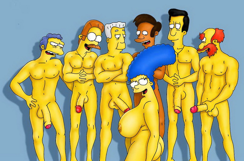 голая грудастая Мардж Симпсон перед групповым сексом с шестью голыми мужиками 